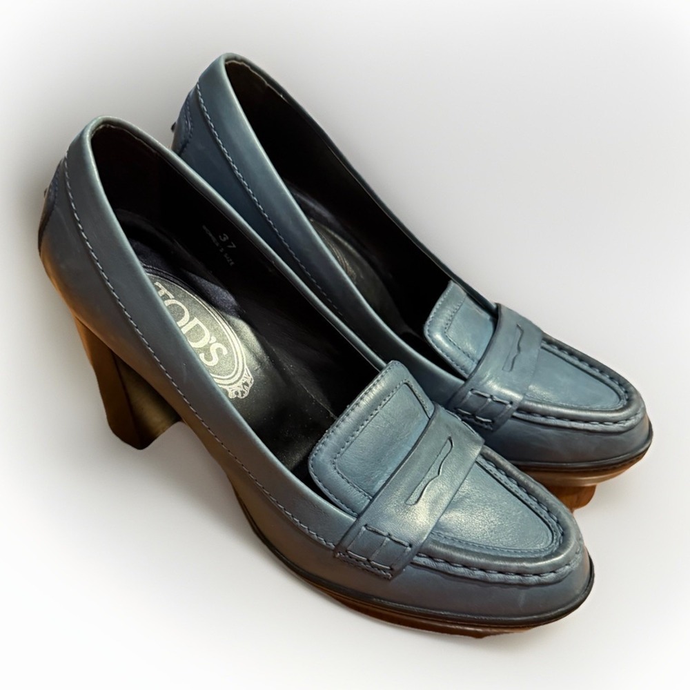 Tod's Teal Blue Leather Loafer Heels Size 37 Italy